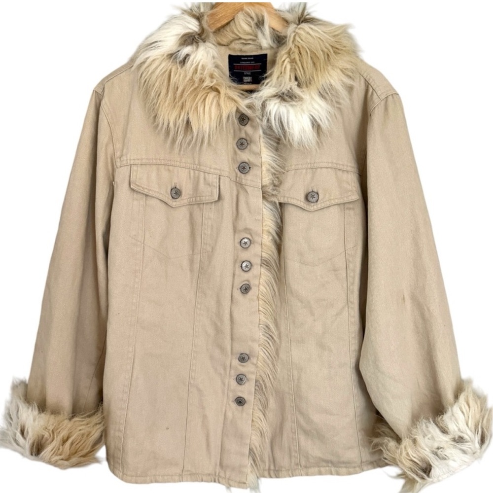 Tan Trucker Jacket Fur Trim Quilted Liner Size 1X